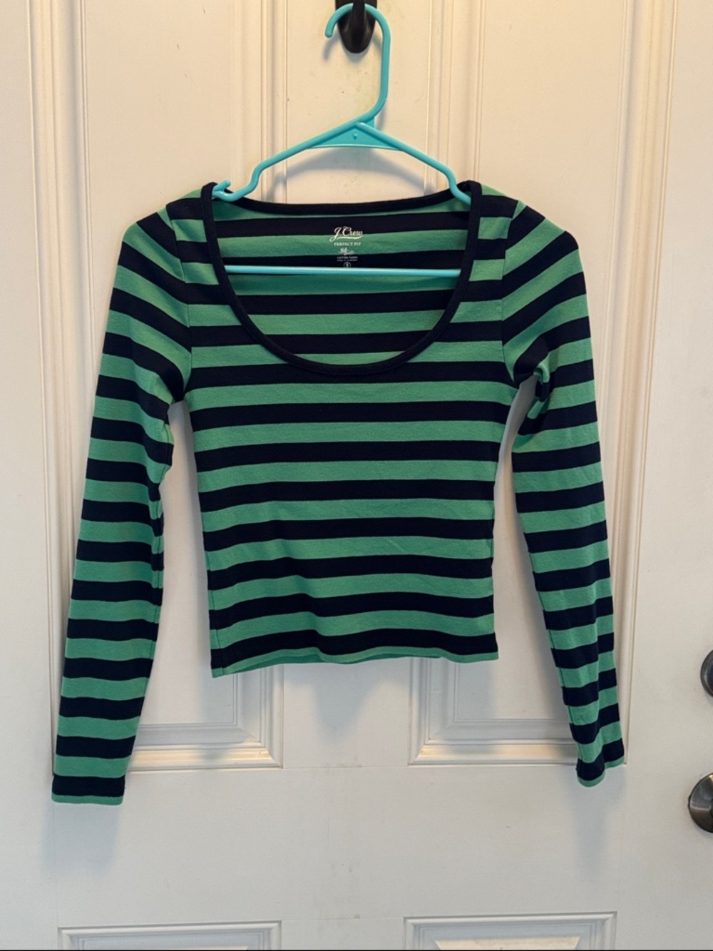 J. Crew Navy and Green Striped Long Sleeve Scoop Neck Top